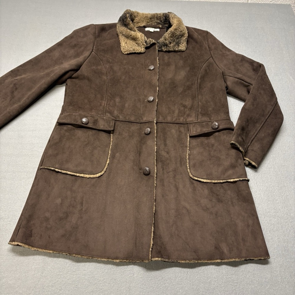 Orvis Coat Ladies Size L Faux Sheepskin/shearling Suede Faux Fur Lined Brown Vtg